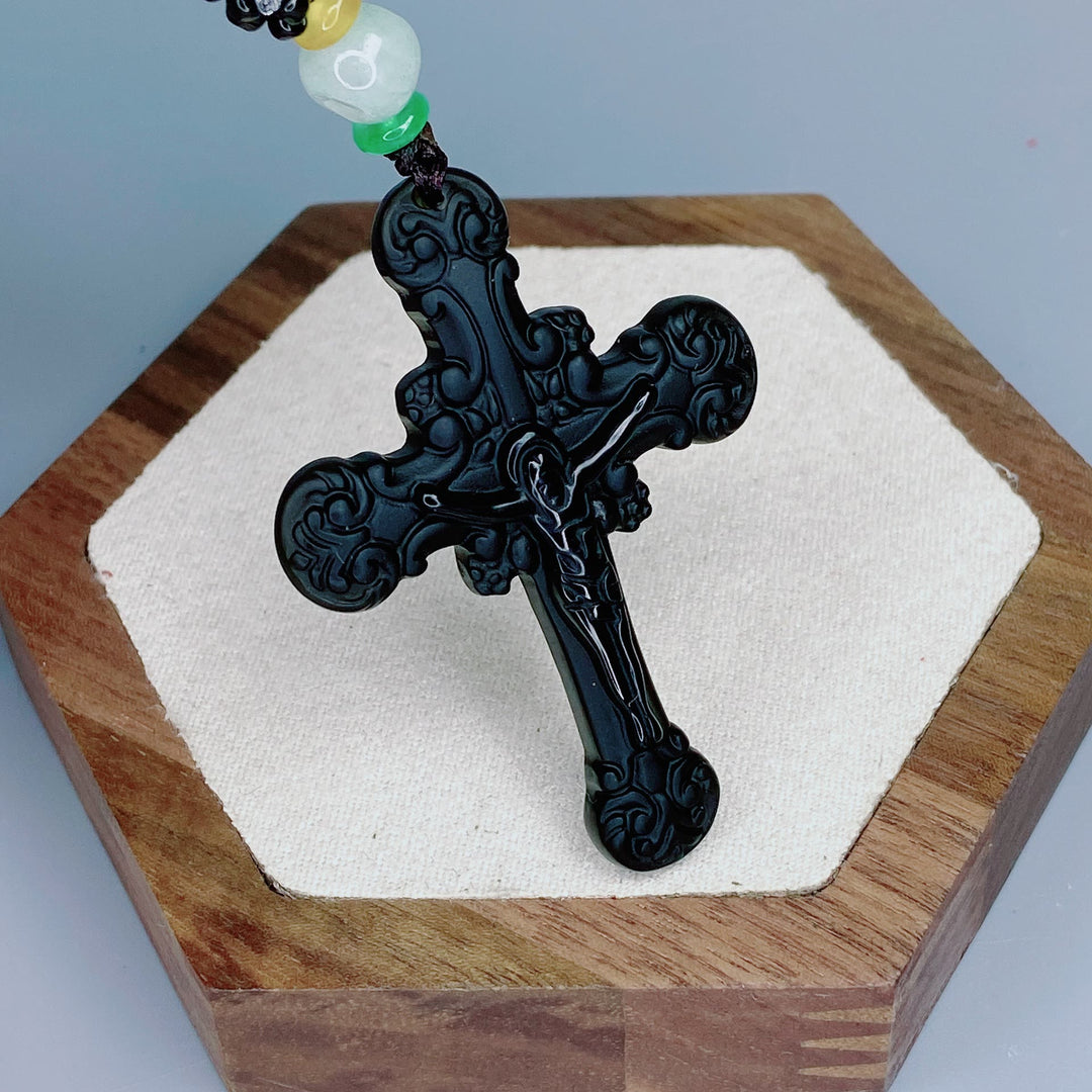 Christianartworkshop Classic Style Crafted Obsidian Crucifix Pendant Necklace - image 2