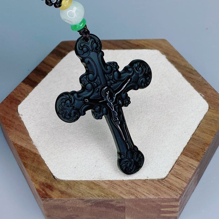 Christianartworkshop Classic Style Crafted Obsidian Crucifix Pendant Necklace - image 2