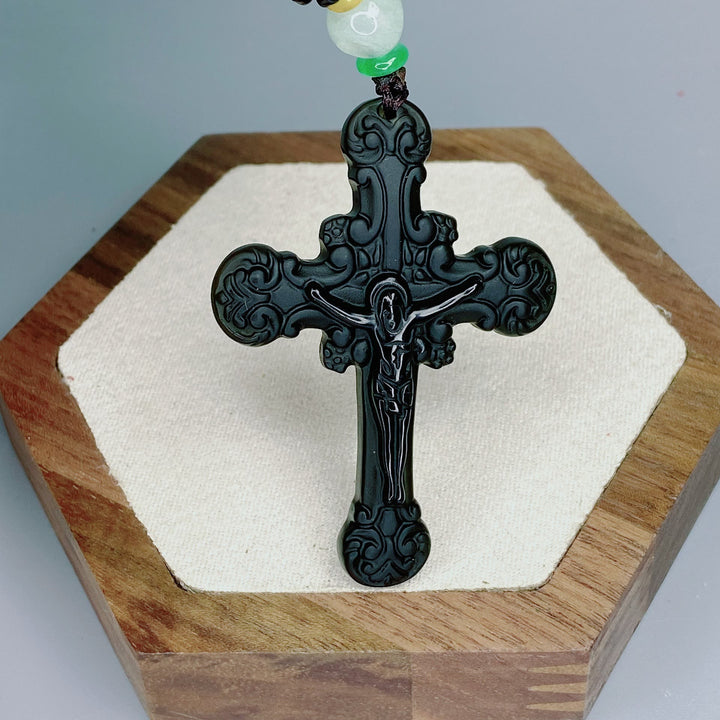 Christianartworkshop Classic Style Crafted Obsidian Crucifix Pendant Necklace - Black - image 1