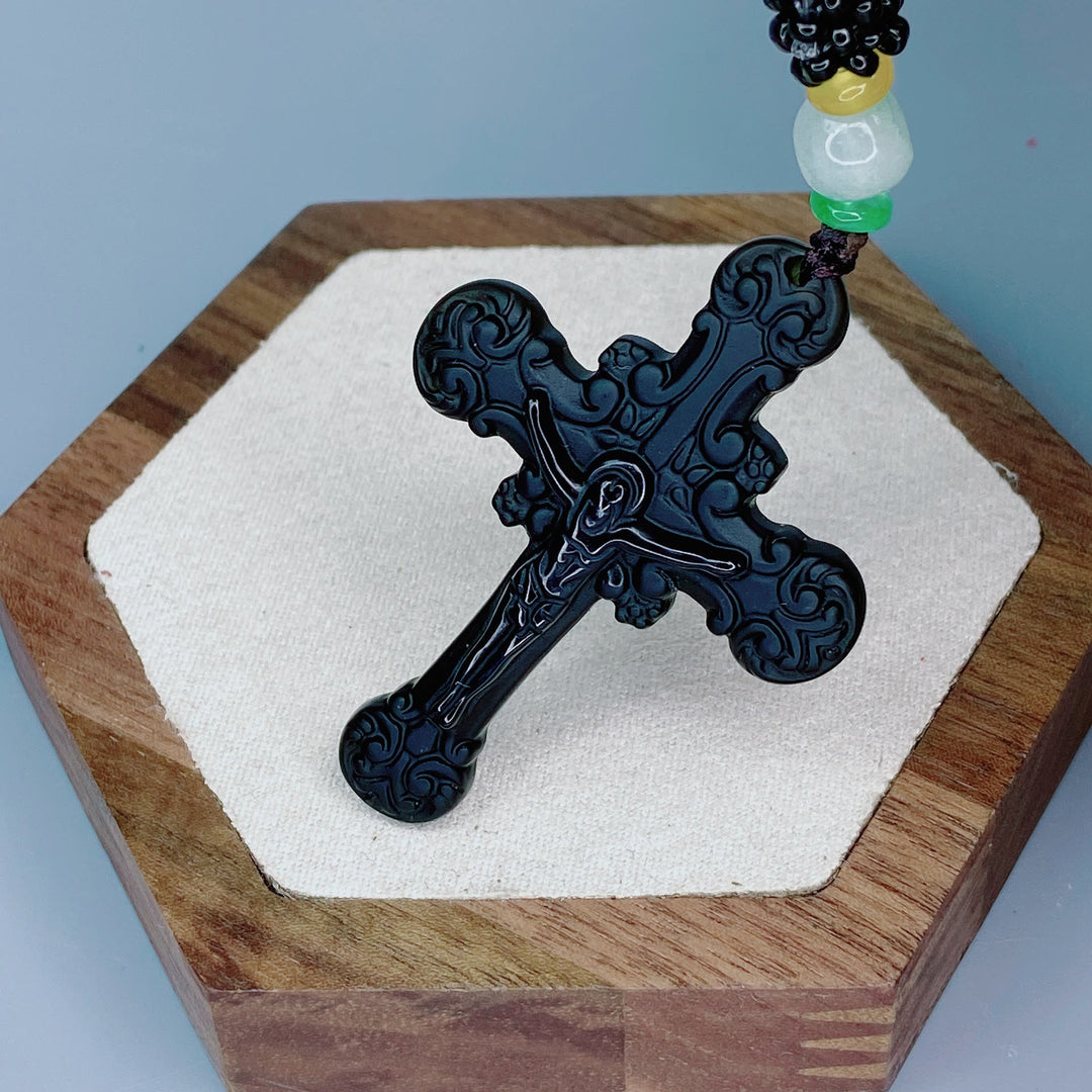 Christianartworkshop Classic Style Crafted Obsidian Crucifix Pendant Necklace - image 3