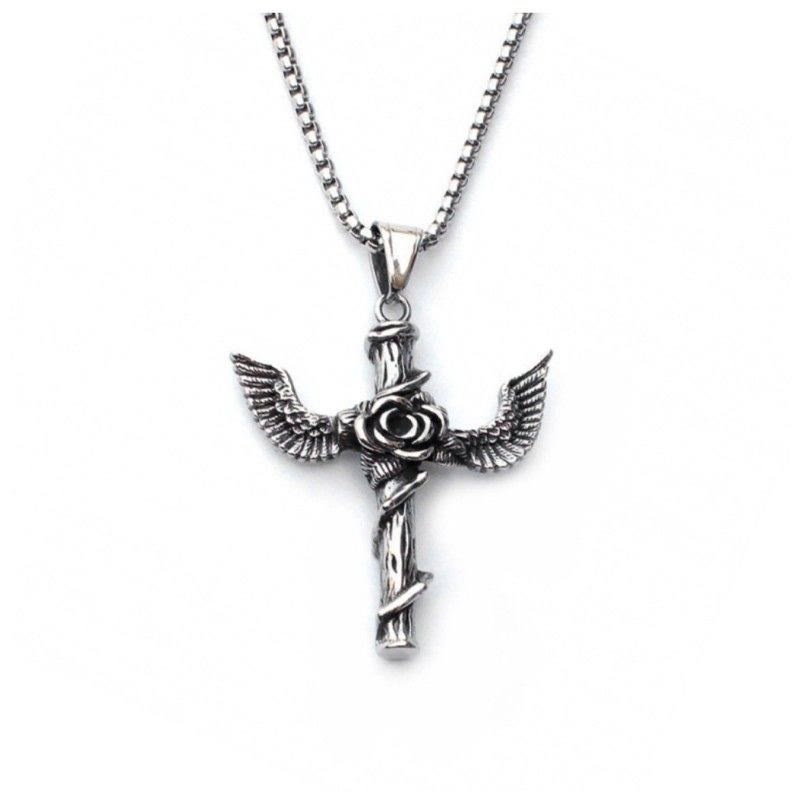 Christianartworkshop Retro Style Wings Rose Cross Pendant Titanium Necklace - image 4