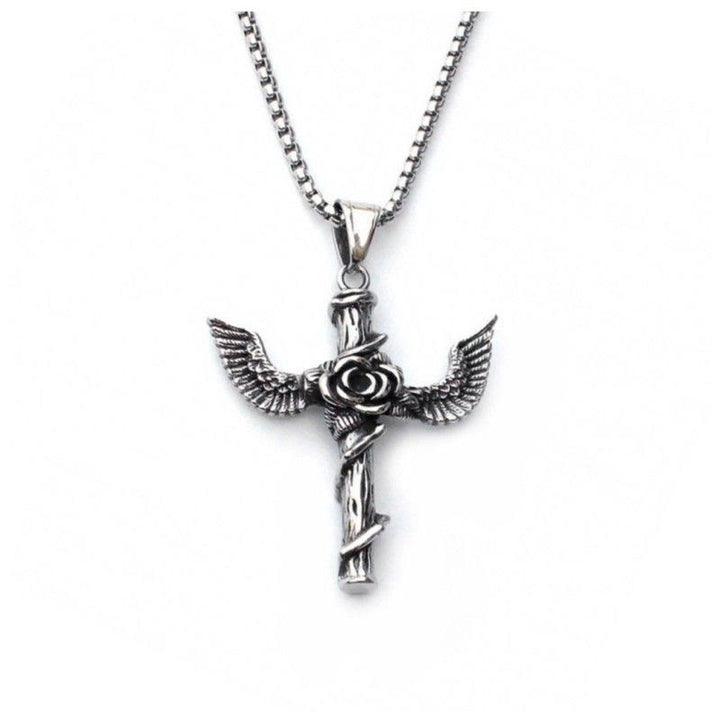 Christianartworkshop Retro Style Wings Rose Cross Pendant Titanium Necklace - image 4