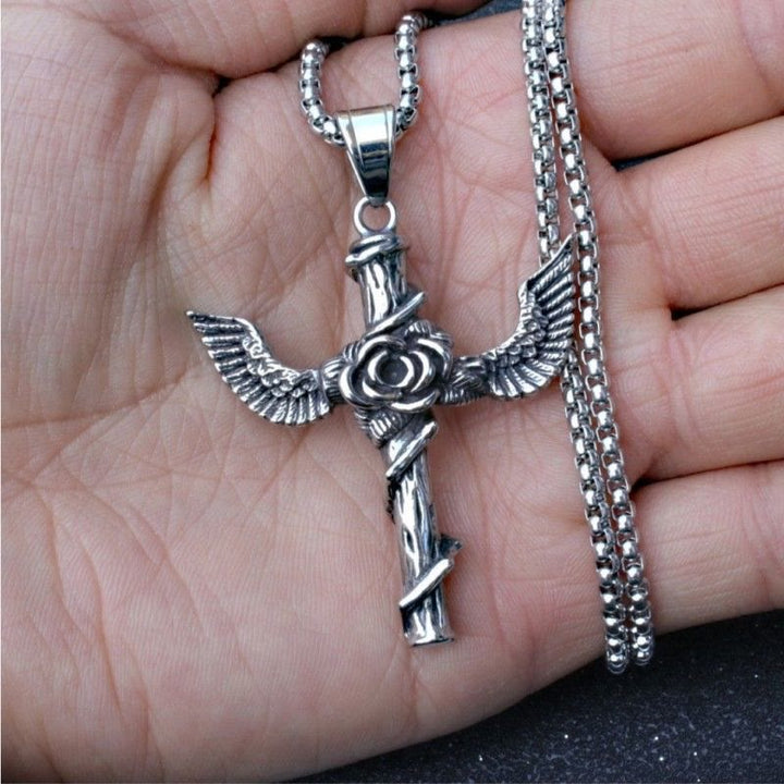 Christianartworkshop Retro Style Wings Rose Cross Pendant Titanium Necklace - image 3