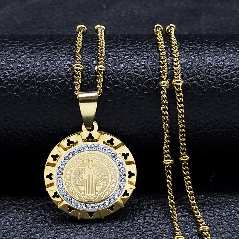 Christianartworkshop Retro Style Gem-set St. Benedict Medal Pendant Necklace - Golden - image 2