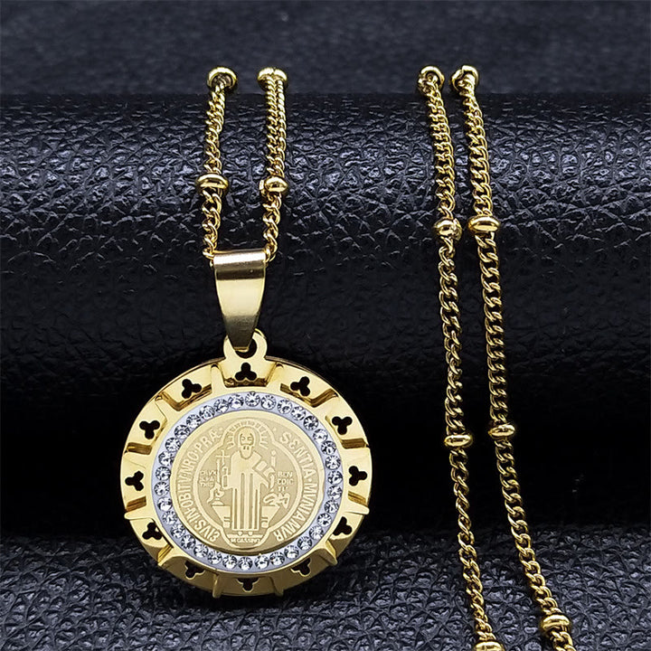 Christianartworkshop Retro Style Gem-set St. Benedict Medal Pendant Necklace - Golden - image 2