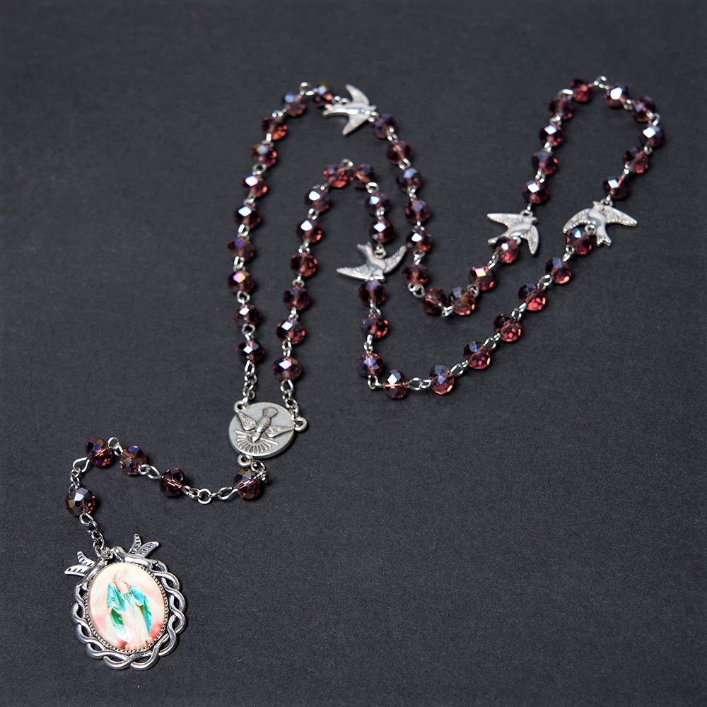 Christianartworkshop Holy Spirit & Our Lady of Grace of 6*8 mm Polyhedron Purple Crystal Alloy Chain Rosary - image 2