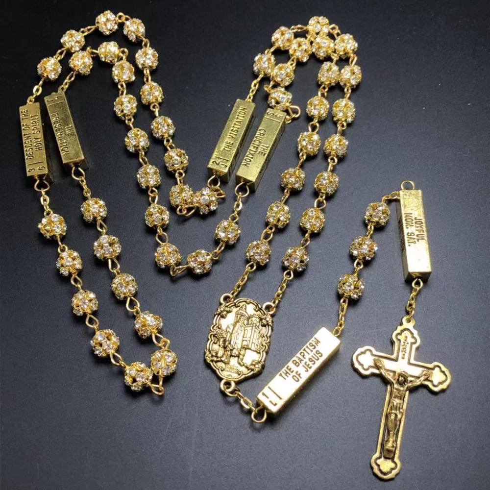 Christianartworkshop Our Lady of Fátima & Crucifix of 8 mm Round Golden Metal Gems Alloy Chain Rosary - image 9