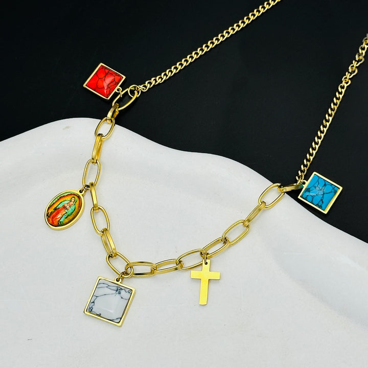 Christianartworkshop Casual Style Our Lady of Guadalupe Turquoise Cross Chocker Necklace - image 5