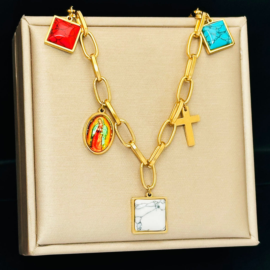 Christianartworkshop Casual Style Our Lady of Guadalupe Turquoise Cross Chocker Necklace - image 4