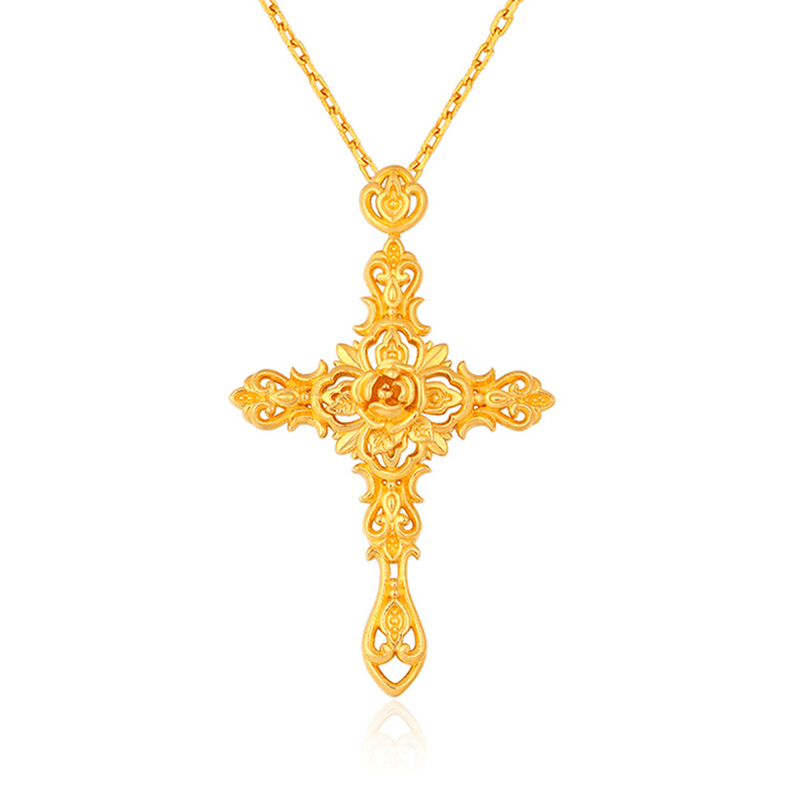Christianartworkshop 999 Pure Gold Retro Style Thorn Rose Cross Ancient Craftsmanship Pendant - 999 Gold Pendant - image 1