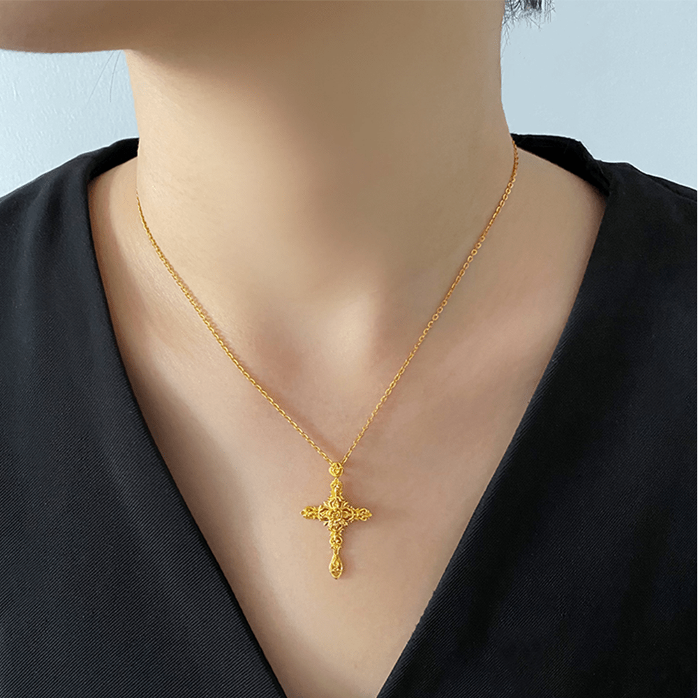 Christianartworkshop 999 Pure Gold Retro Style Thorn Rose Cross Ancient Craftsmanship Pendant - image 3