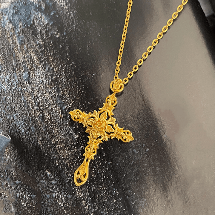 Christianartworkshop 999 Pure Gold Retro Style Thorn Rose Cross Ancient Craftsmanship Pendant - image 4