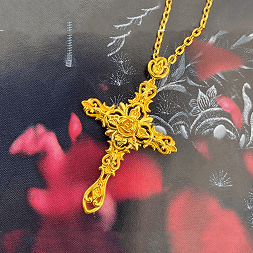 Christianartworkshop 999 Pure Gold Retro Style Thorn Rose Cross Ancient Craftsmanship Pendant - image 2