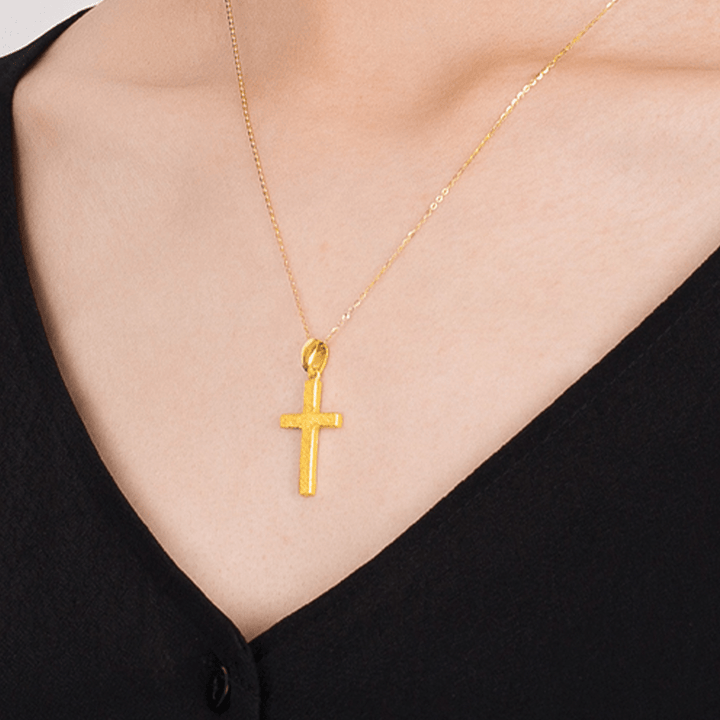 Christianartworkshop 999 Pure Gold Minimalist Style Cross Frosted Pendant Necklace - image 5