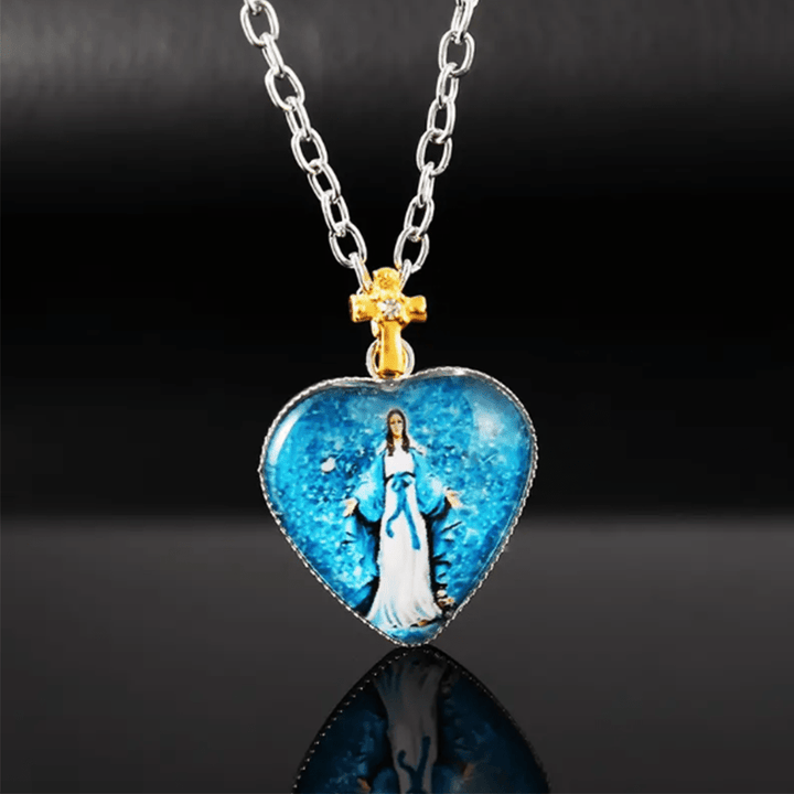 Christianartworkshop Classic Style Heart-shaped Virgin Mary Glass Pendant Necklace - image 4