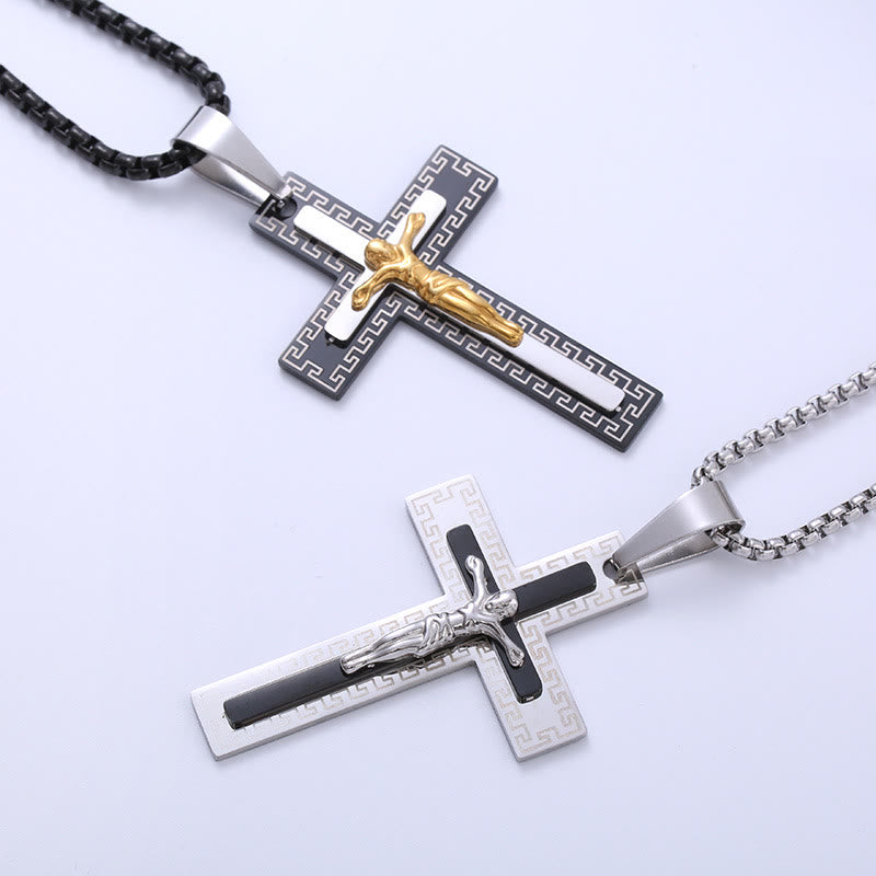 Christianartworkshop Retro Style Triple Layer Crucifix Pendant Titanium Necklace - image 2