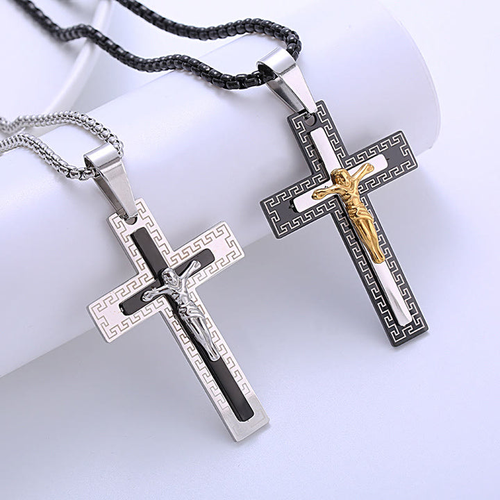 Christianartworkshop Retro Style Triple Layer Crucifix Pendant Titanium Necklace - image 4