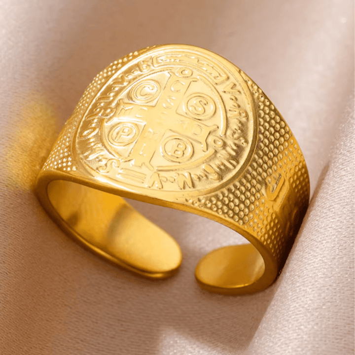 Christianartworkshop Classic Style JESUS St. Benedict Symbol Titanium Adjustable Ring - Golden - image 1