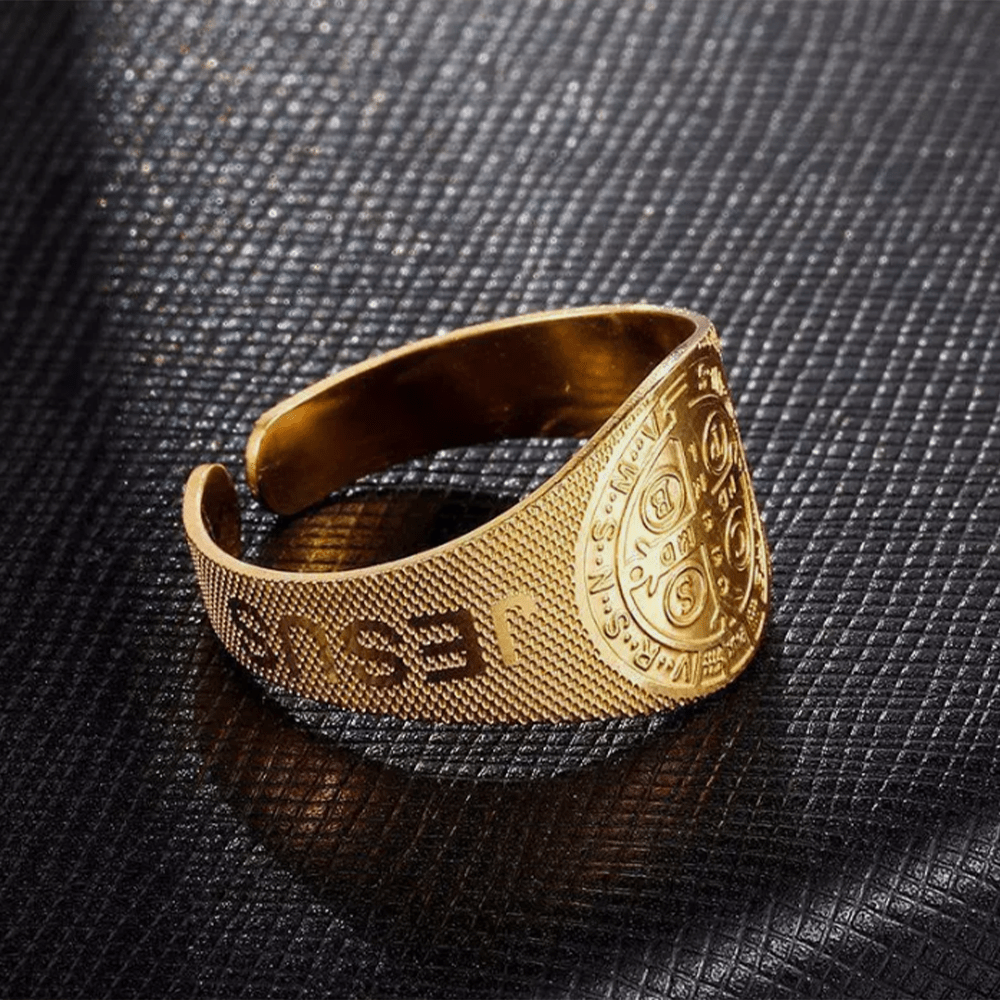 Christianartworkshop Classic Style JESUS St. Benedict Symbol Titanium Adjustable Ring - image 6