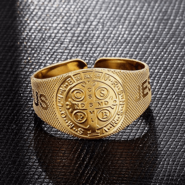 Christianartworkshop Classic Style JESUS St. Benedict Symbol Titanium Adjustable Ring - image 4