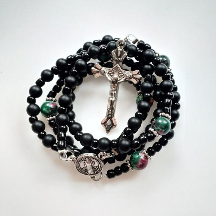 Christianartworkshop St. Benedict Medal & Crucifix of 8 mm Round Black Multi-material Nylon Cord Rosary - image 4