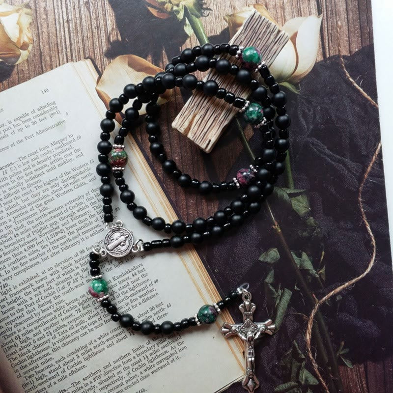 Christianartworkshop St. Benedict Medal & Crucifix of 8 mm Round Black Multi-material Nylon Cord Rosary - image 2