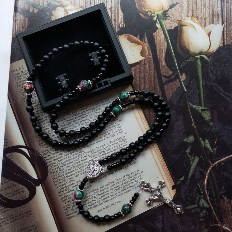 Christianartworkshop St. Benedict Medal & Crucifix of 8 mm Round Black Multi-material Nylon Cord Rosary - image 3