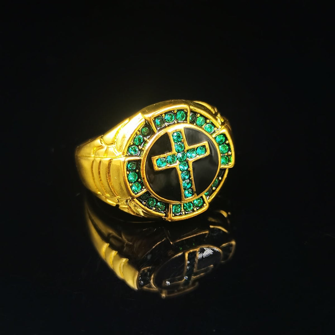 Christianartworkshop Retro Style Green Gemstones Cross Golden Alloy Ring - image 5
