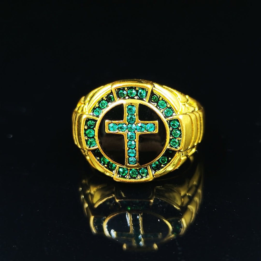 Christianartworkshop Retro Style Green Gemstones Cross Golden Alloy Ring - image 6