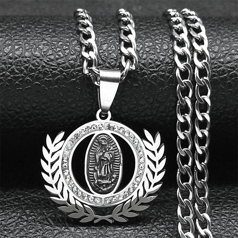Christianartworkshop Classic Style Olive Branch with Our Lady of Guadalupe Rhinestones Pendant Necklace - Silver - image 3