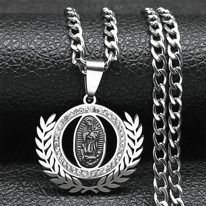 Christianartworkshop Classic Style Olive Branch with Our Lady of Guadalupe Rhinestones Pendant Necklace - Silver - image 3