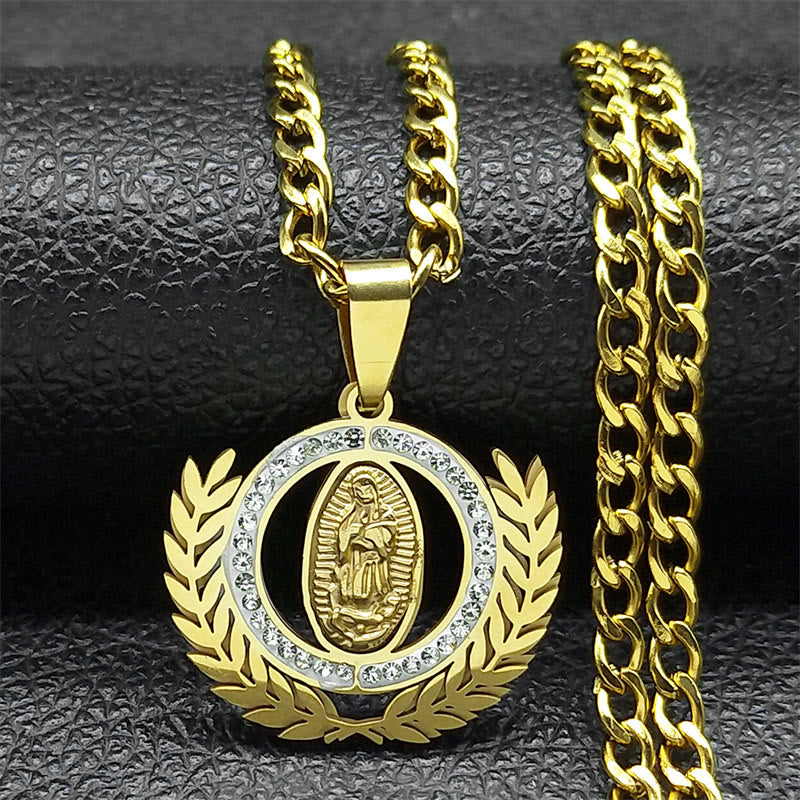 Christianartworkshop Classic Style Olive Branch with Our Lady of Guadalupe Rhinestones Pendant Necklace - Golden - image 1