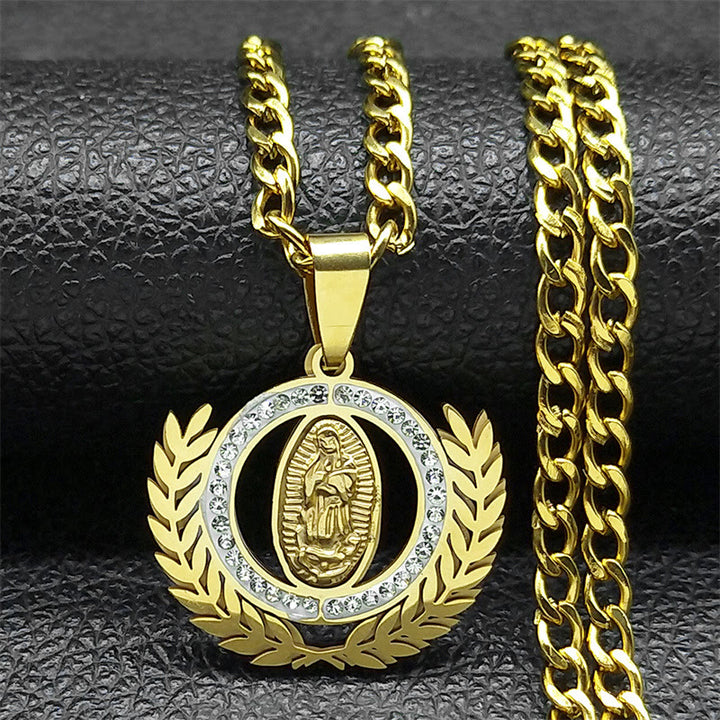 Christianartworkshop Classic Style Olive Branch with Our Lady of Guadalupe Rhinestones Pendant Necklace - Golden - image 1