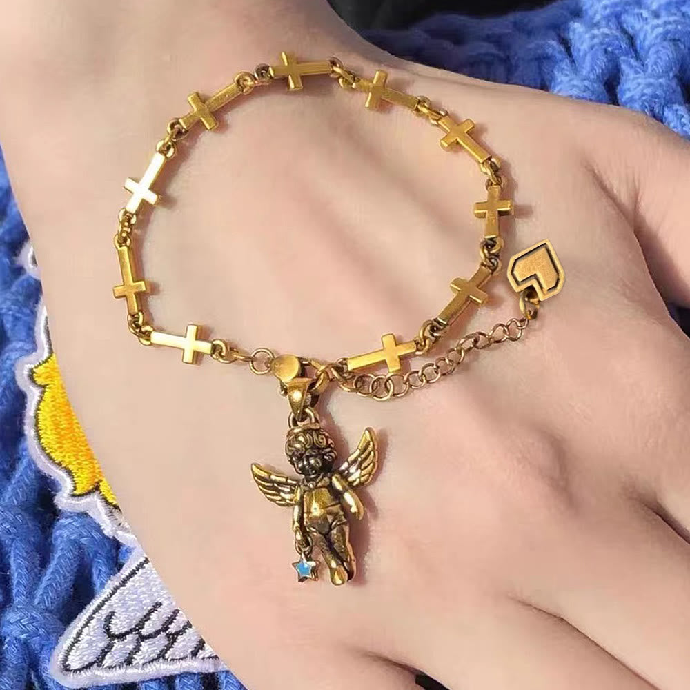 Christianartworkshop Retro Style Bronze Lucky Star Angel & Heart Cross Bracelet - Star Angel - image 1
