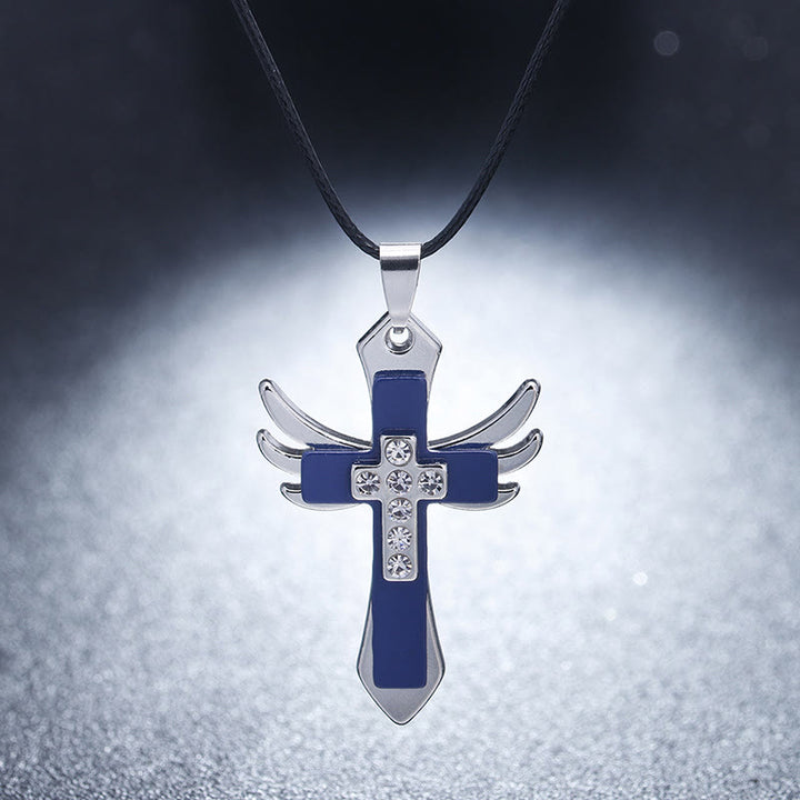 Christianartworkshop Minimalist Style Cross Angel Wings Glossy Rhinestones Pendant Necklace - image 2
