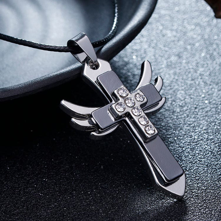 Christianartworkshop Minimalist Style Cross Angel Wings Glossy Rhinestones Pendant Necklace - Gun Black - image 3