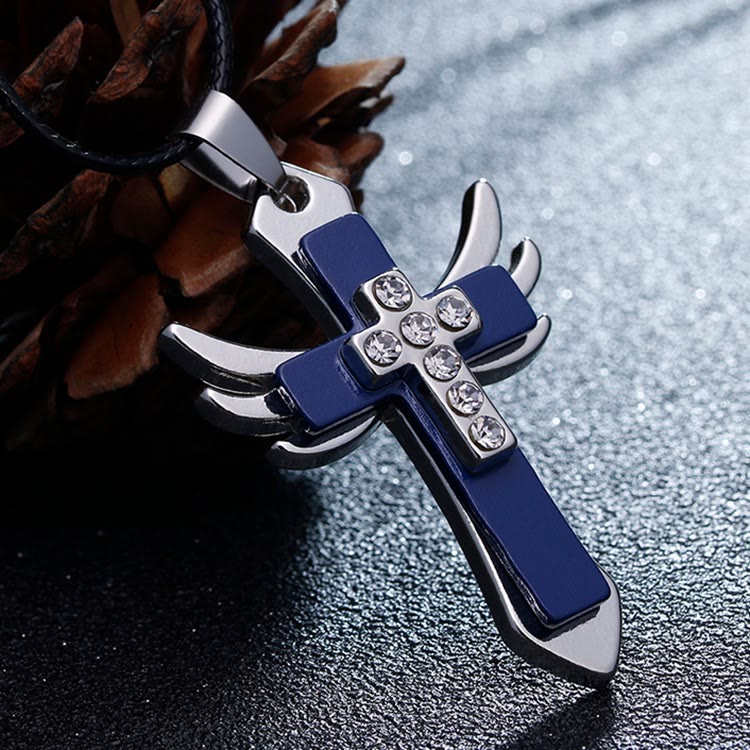 Christianartworkshop Minimalist Style Cross Angel Wings Glossy Rhinestones Pendant Necklace - Blue - image 1