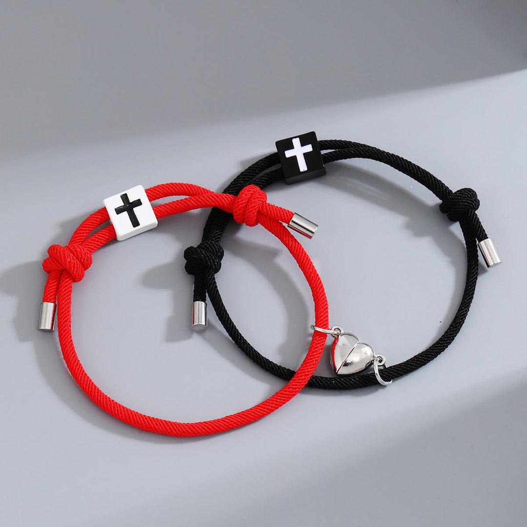 Christianartworkshop Minimalist Style Heart Magnet Alloy Cross Adjustable Couple Bracelet - Black+Red - image 4