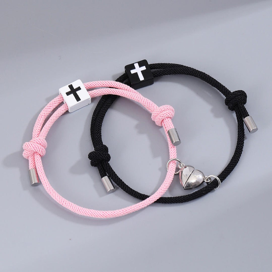 Christianartworkshop Minimalist Style Heart Magnet Alloy Cross Adjustable Couple Bracelet - Black+Pink - image 3