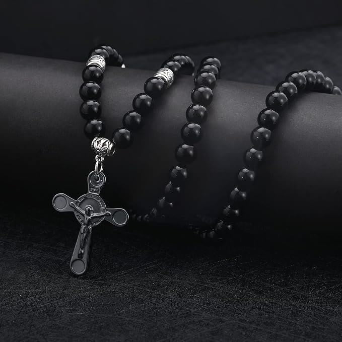 Christianartworkshop Retro Noble Style Crucifix Black Gallstone Beads Pendant Necklace - image 3
