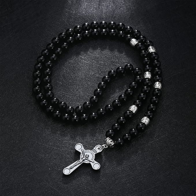 Christianartworkshop Retro Noble Style Crucifix Black Gallstone Beads Pendant Necklace - image 2