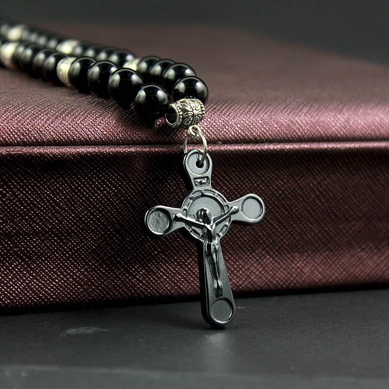 Christianartworkshop Retro Noble Style Crucifix Black Gallstone Beads Pendant Necklace - image 4