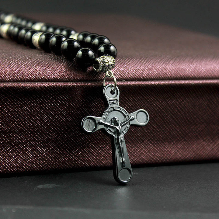 Christianartworkshop Retro Noble Style Crucifix Black Gallstone Beads Pendant Necklace - image 4
