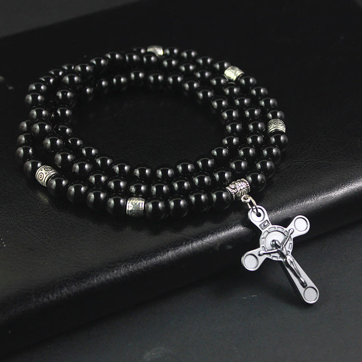 Christianartworkshop Retro Noble Style Crucifix Black Gallstone Beads Pendant Necklace - Black - image 1