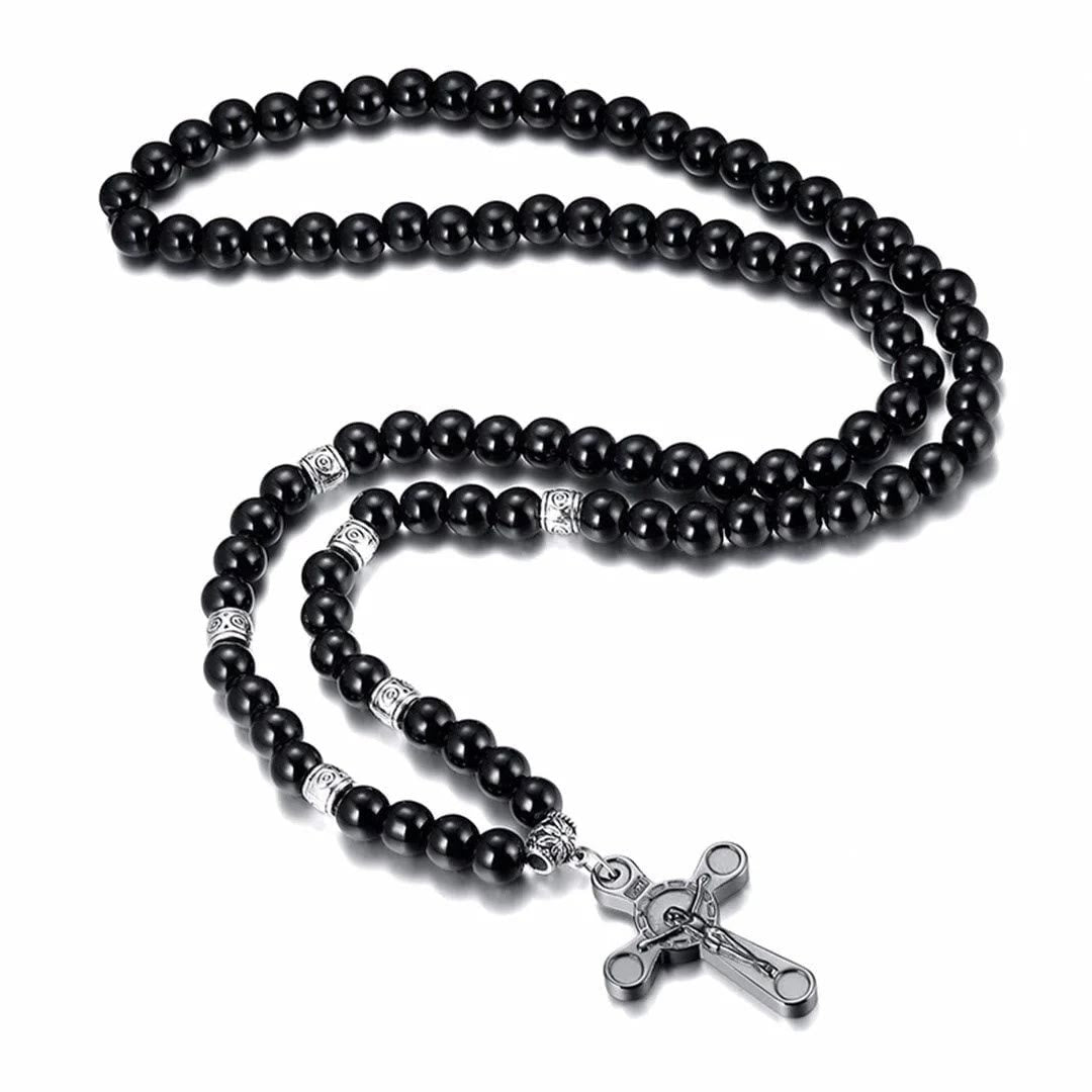 Christianartworkshop Retro Noble Style Crucifix Black Gallstone Beads Pendant Necklace - image 5