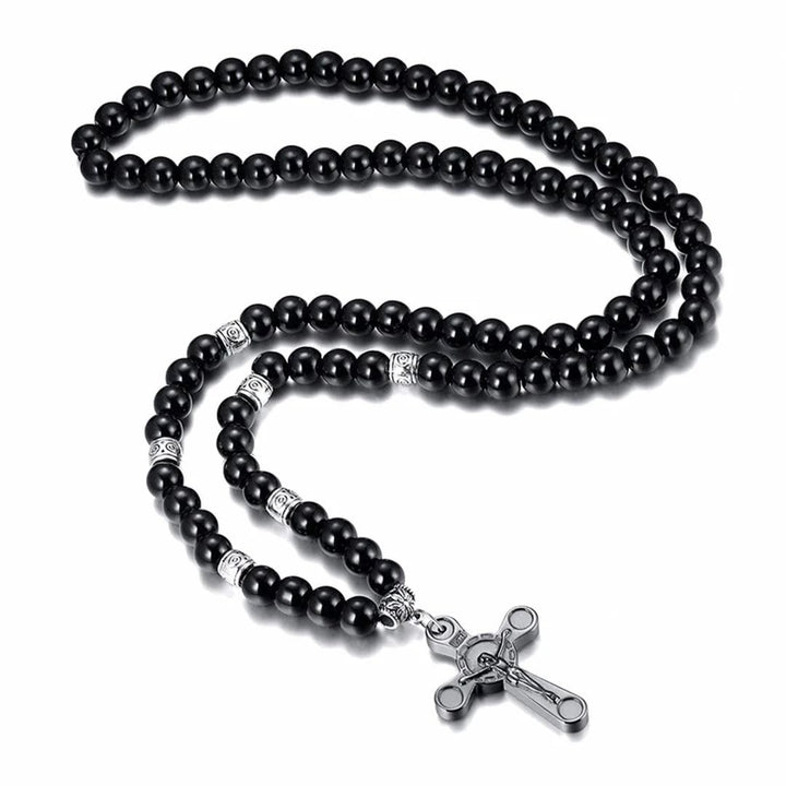 Christianartworkshop Retro Noble Style Crucifix Black Gallstone Beads Pendant Necklace - image 5