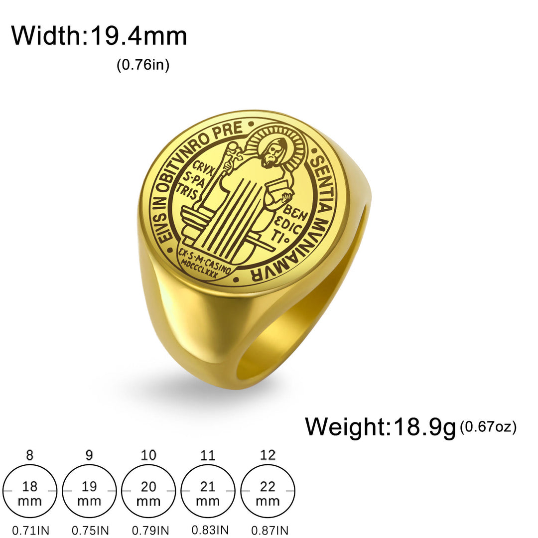 Christianartworkshop Retro-pop Style Engraved St. Benedict's Exorcism Medal Stainless Ring - image 9