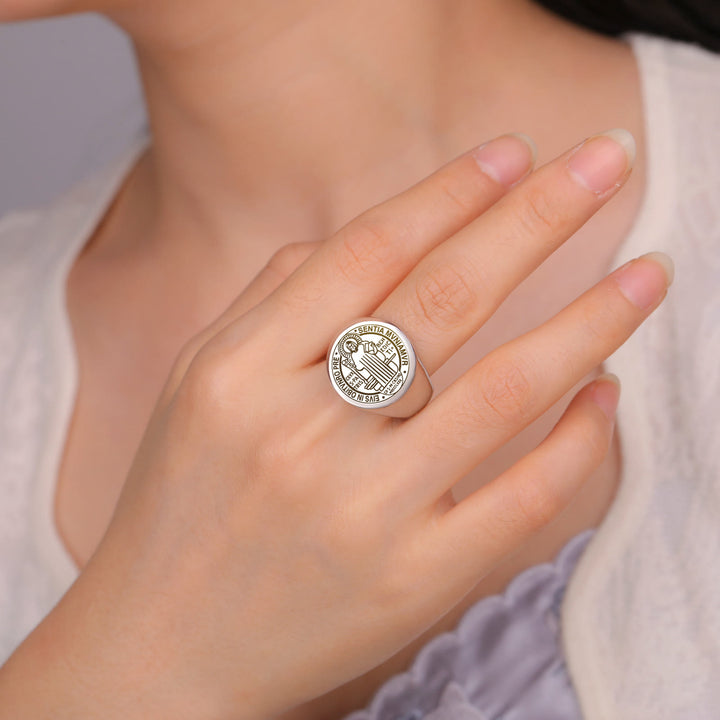 Christianartworkshop Retro-pop Style Engraved St. Benedict's Exorcism Medal Stainless Ring - image 6