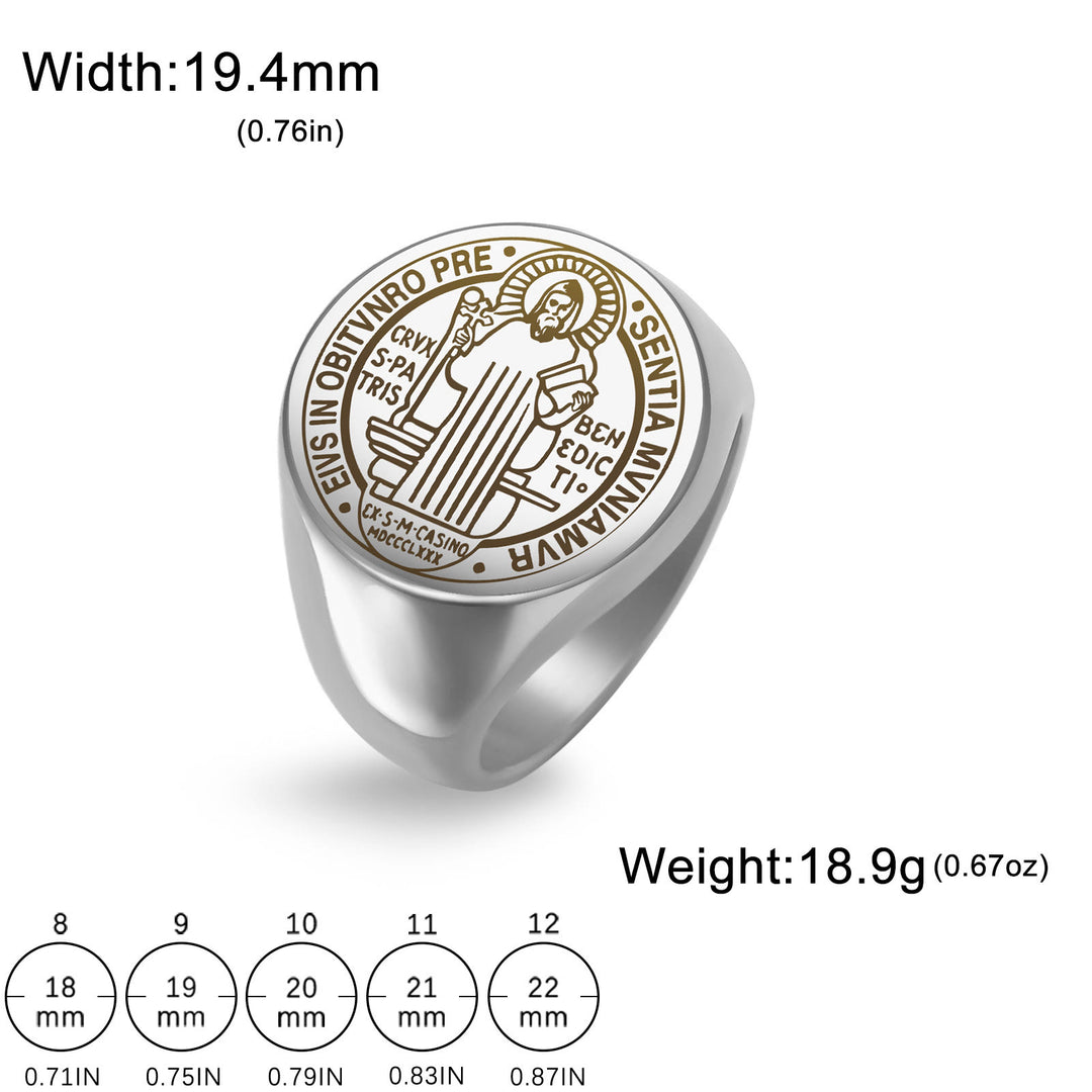 Christianartworkshop Retro-pop Style Engraved St. Benedict's Exorcism Medal Stainless Ring - image 8