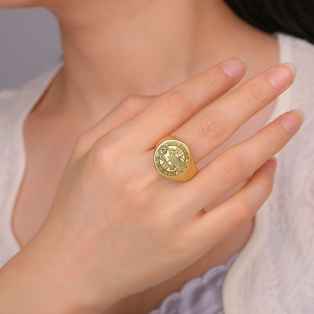 Christianartworkshop Retro-pop Style Engraved St. Benedict's Exorcism Medal Stainless Ring - image 7